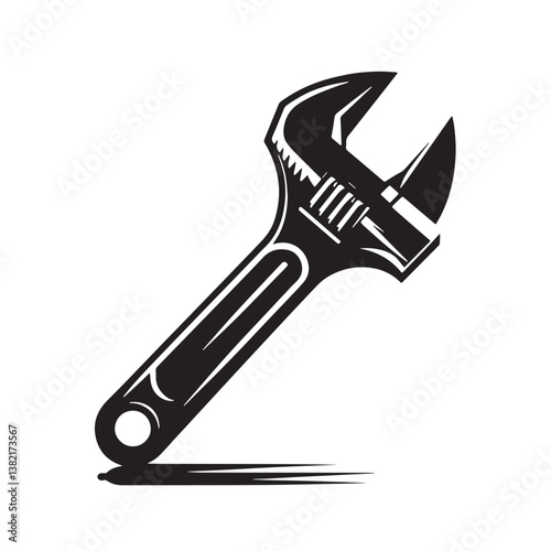 Black Color Adjustable Wrench Silhouette Vector Illustration, Solid White Background
