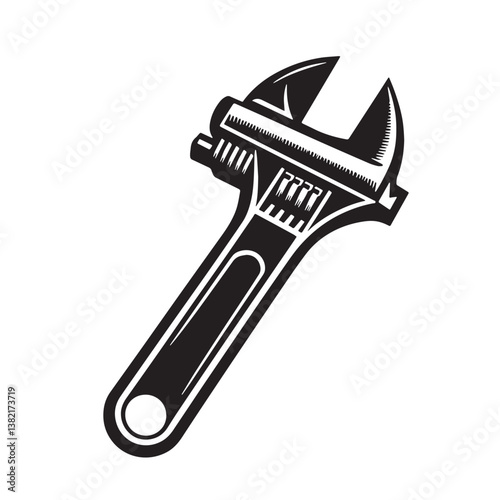 Black Color Adjustable Wrench Silhouette Vector Illustration, Solid White Background