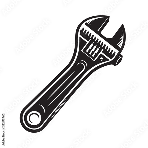 Black Color Adjustable Wrench Silhouette Vector Illustration, Solid White Background