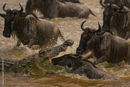 Wildebeest crocodile river encounter