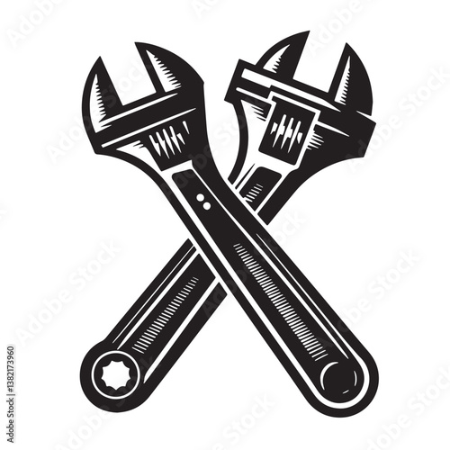 Black Color Adjustable Wrench Silhouette Vector Illustration, Solid White Background