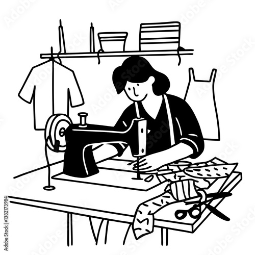 illustration of a woman working in sewing machine 