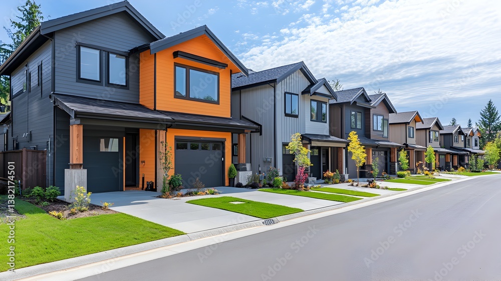 A row of modern, stylish townhouses with vibrant orange and gray exteriors lines a quiet residential street on a sunny day.