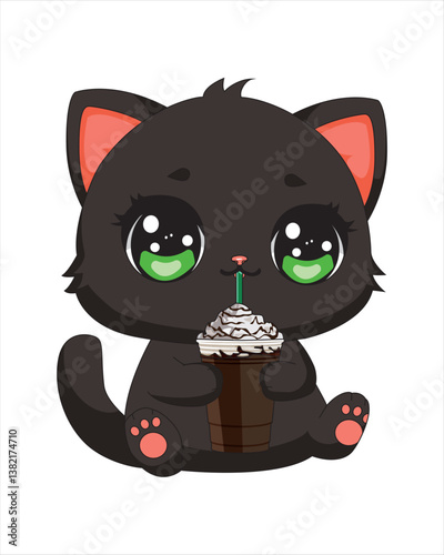 Cute Cat Cartoon Drinking Smoothie Holding By Hands Kitty Mascot