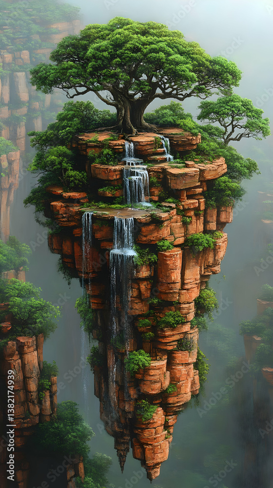 Floating Island Waterfall Illustration