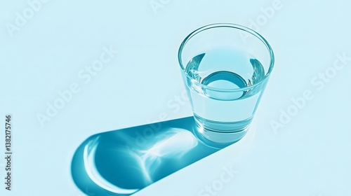 A clear glass filled with water casts a soft shadow on a pale blue surface, showcasing simplicity and tranquility.