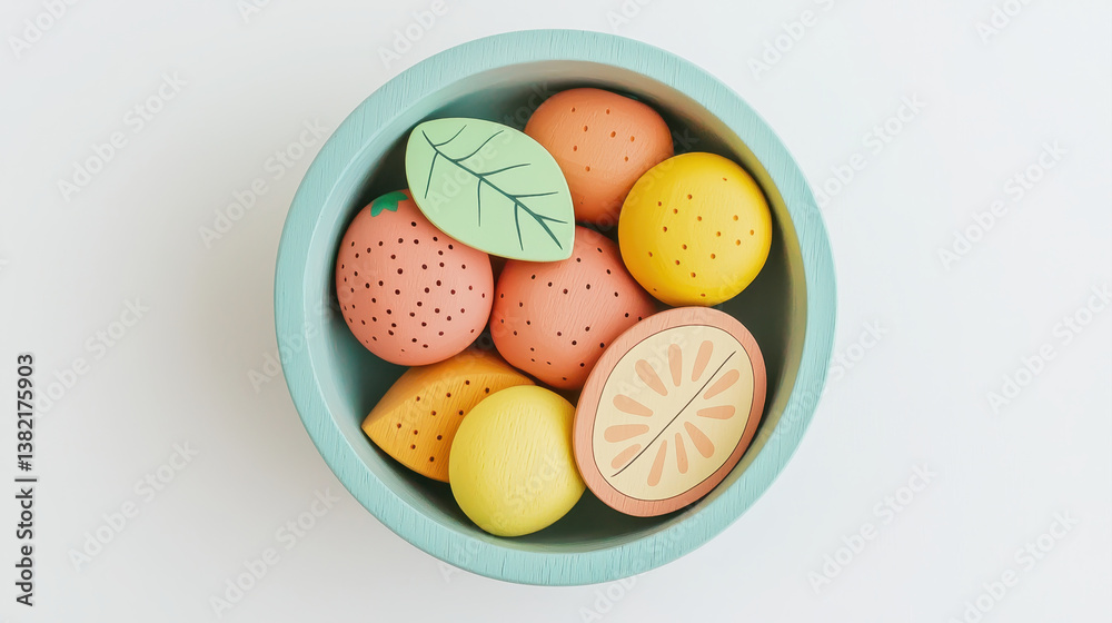 Colorful wooden fruit toys arranged in pastel bowl create playful and cheerful atmosphere, perfect for imaginative play and decoration Colorful wooden fruit toys arranged in pastel bowl create playful and cheerful atmosphere, perfect for imaginative play and decoration