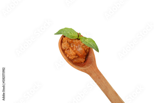 PNG, Bolognese sauce in wooden spoon, isolated on white background, top view