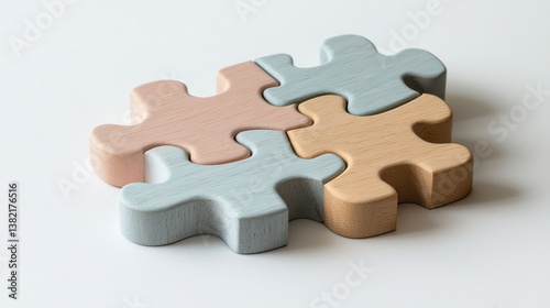 Colorful wooden puzzles in pastel shades create playful and inviting atmosphere, perfect for children activities or educational settings