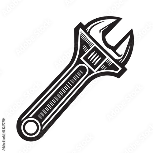 Black Color Adjustable Wrench Silhouette Vector Illustration, Solid White Background