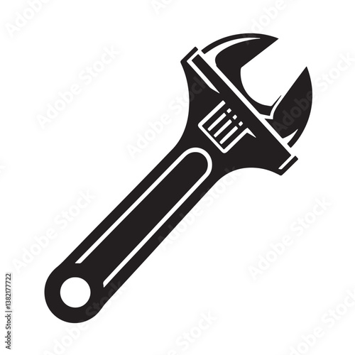 Black Color Adjustable Wrench Silhouette Vector Illustration, Solid White Background