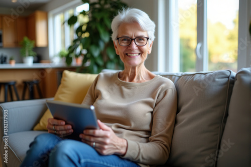 Smiling senior comfortably seated on a sofa at home, enjoying time using a digital tablet.