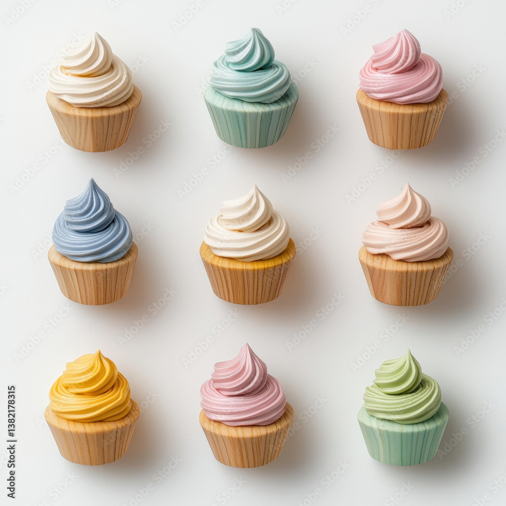 Delightful wooden toy cupcakes in pastel colors arranged neatly in grid, showcasing variety of soft hues that evoke sense of joy and playfulness Delightful wooden toy cupcakes in pastel colors arranged neatly in grid, showcasing variety of soft hues that evoke sense of joy and playfulness