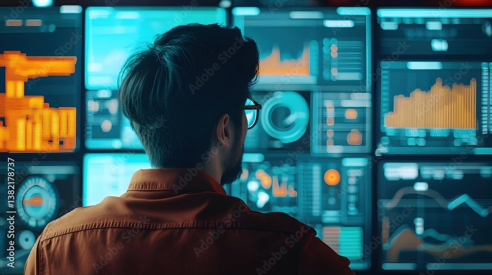 Data Analyst Working with Multiple Monitors in Modern Office Space Data Analyst Working with Multiple Monitors in Modern Office Space