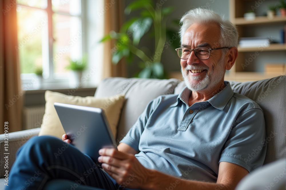Smiling senior comfortably seated on a sofa at home, enjoying time using a digital tablet. Smiling senior comfortably seated on a sofa at home, enjoying time using a digital tablet.