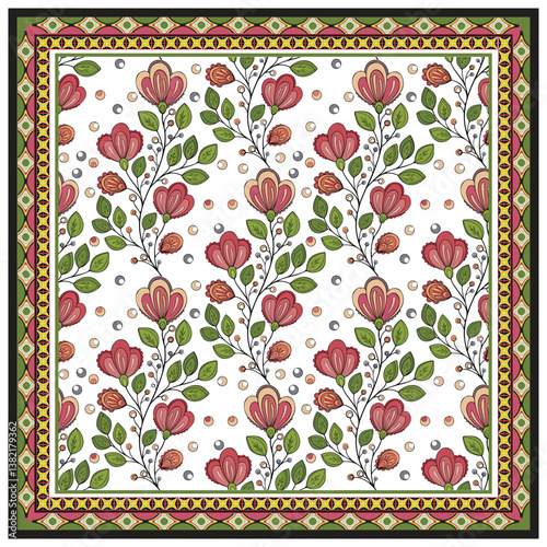 A vibrant floral pattern featuring red and green flowers intertwined in a harmonious design, it could be used as a wallpaper, fabric design, pillow cover, curtains or other decorative elements. 