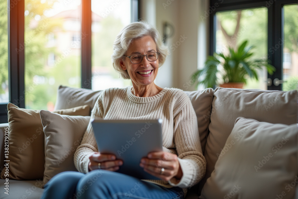 Smiling senior comfortably seated on a sofa at home, enjoying time using a digital tablet. Smiling senior comfortably seated on a sofa at home, enjoying time using a digital tablet.