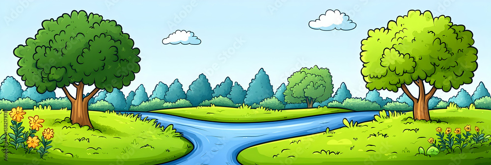 Cartoon River Landscape Illustration