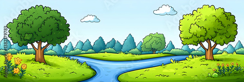 Obraz na płótnie Cartoon River Landscape Illustration w salonie