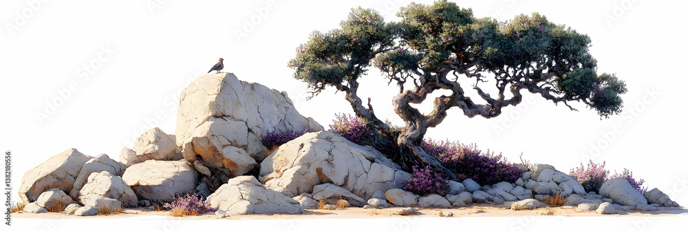 Rocky Landscape Illustration with Bird and Tree