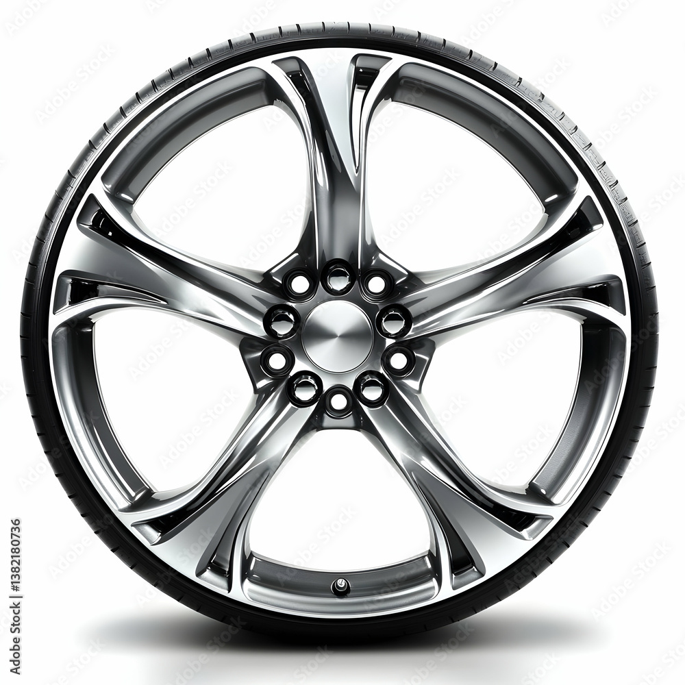 Obraz premium Chrome alloy wheel, tire, isolated, white background, automotive part