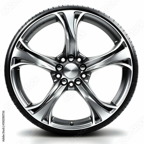 Chrome alloy wheel, tire, isolated, white background, automotive part