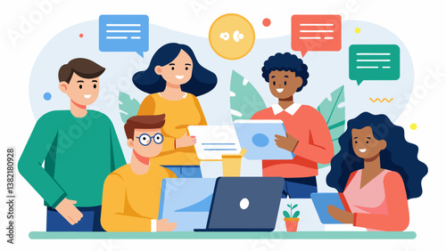 A class of students collaborating on a Google Doc to create a digital safety manual for their school discussing and debating different tips and guidelines.. Vector illustration