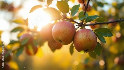 Ripe red apples hanging on a branch in an orchard, HD animation footage.