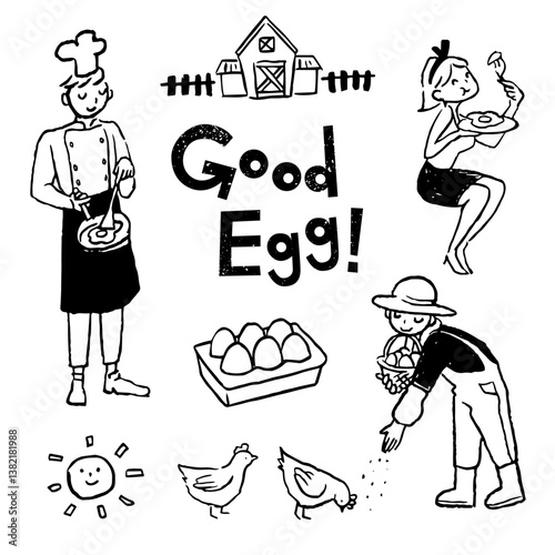 Line Art of egg, eggs farm workers, farm, chickens, sun, cook and food connoisseur