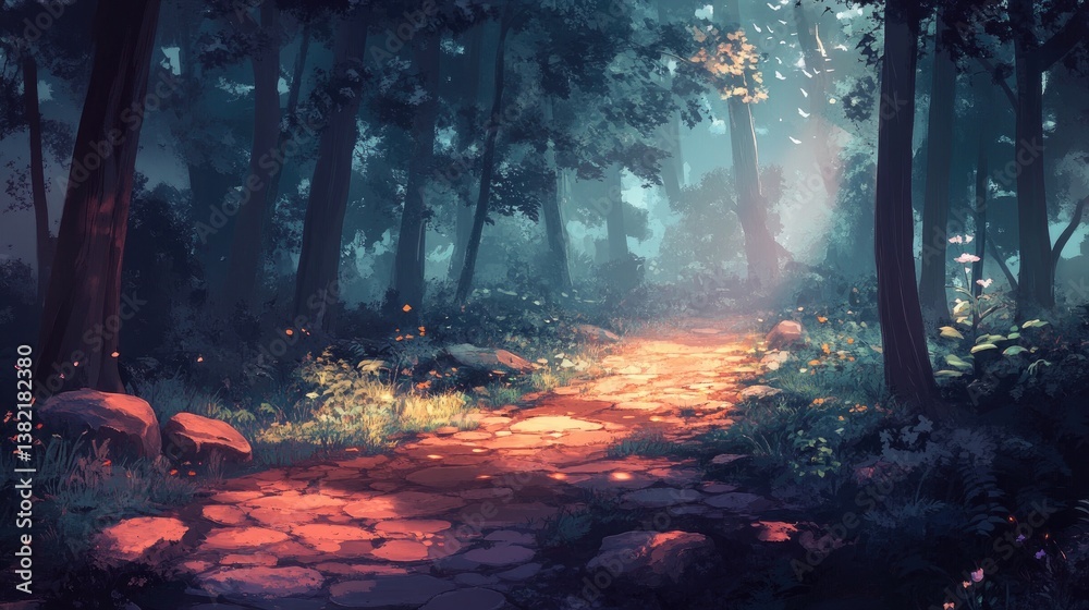 A path in the forest with a calm atmosphere and the sound of birds chirping A path in the forest with a calm atmosphere and the sound of birds chirping