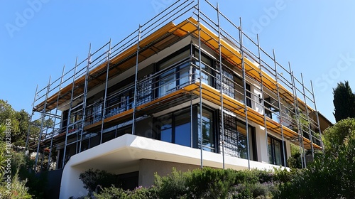 Modern luxury home undergoing extensive renovations with scaffolding completely surrounding the building on a sunny day.
