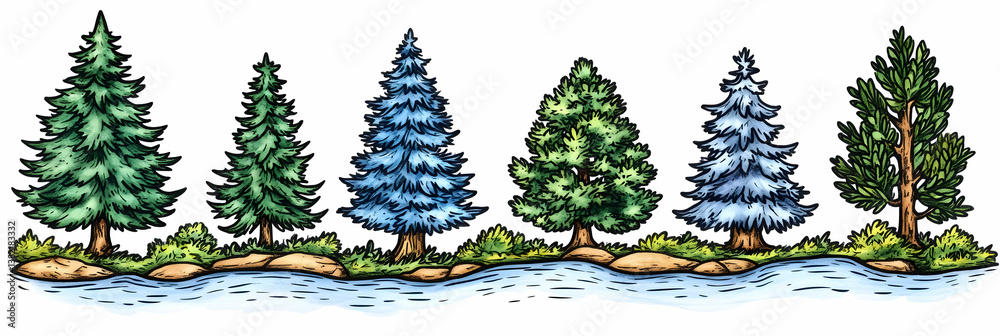 Watercolor Illustration of Coniferous Trees