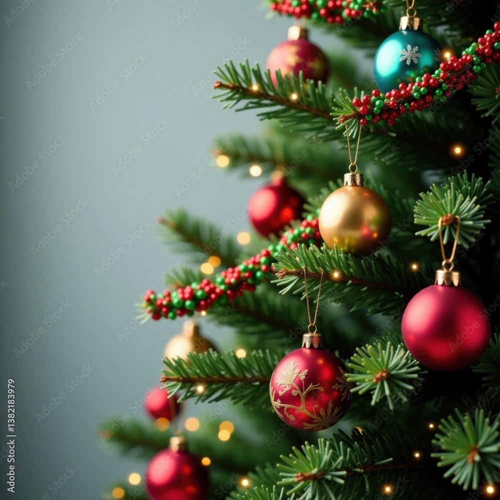 Fototapeta premium Colorful ornaments and garlands adorn a festive Christmas tree with a hanging ball decoration, colorful, pinecones