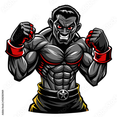 A powerful boxer, muscles tense, raises gloved fists in a classic fighting stance, ready to strike.  Sweat glistens on their brow.