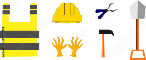 Worker's tools, safety helmet, hammer for hammering, pliers for loosening bolts, worker's clothes, shovel for digging, labor day concept, design elements