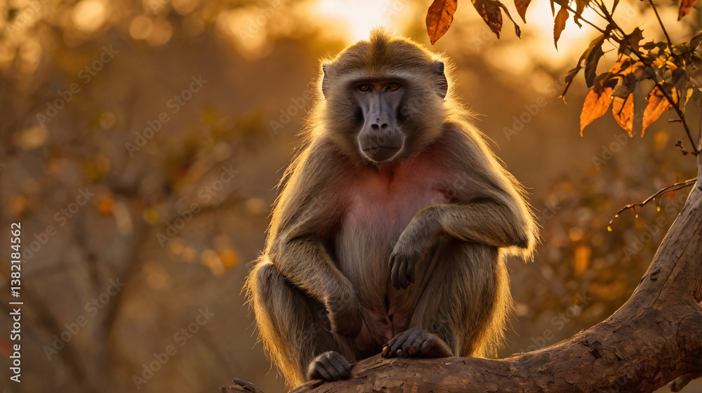 Fototapeta premium A baboon sits on a tree branch, illuminated by warm, golden sunlight.