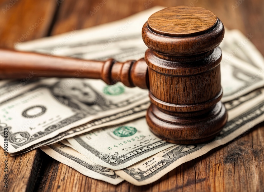 Gavel Resting on Dollar Bills on Wooden Table Justice Concept Gavel Resting on Dollar Bills on Wooden Table Justice Concept