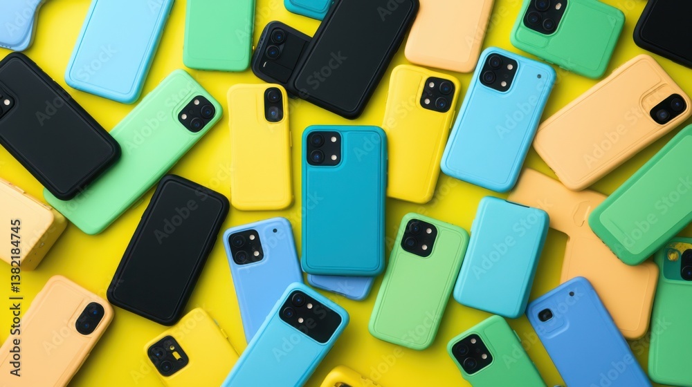 A group of smartphones arranged together displaying various colors and designs in a modern tech environment A group of smartphones arranged together displaying various colors and designs in a modern tech environment