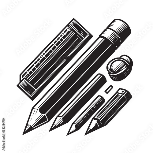 Black Color Carpenter’s Pencil Silhouette Vector Illustration, Solid White Background