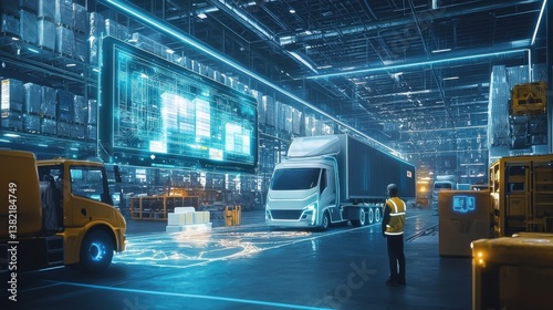 Wallpaper Mural Futuristic Warehouse with Automated Trucks and Digital Interfaces Torontodigital.ca