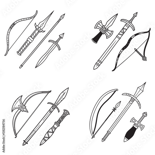 RPG weapon icon set, vector fantasy game sword collection, dungeon dragon battle attack object kit: magic sorcerer staff, warrior dagger, medieval bow, arrow, and character equipment vector 