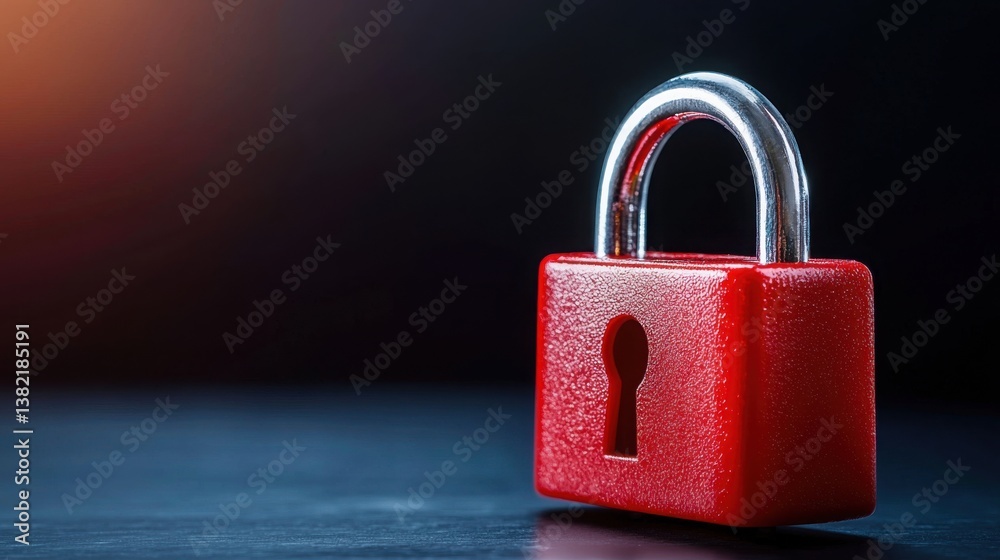 Fototapeta premium Red padlock on black surface symbolizing cybersecurity firewall protection concept ensuring data safety and security
