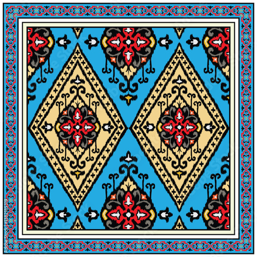 Decorative textile pattern with symmetrical floral motifs in red, black, and beige on a blue background, it could be used as a wallpaper, fabric design, pillow cover and scarf design