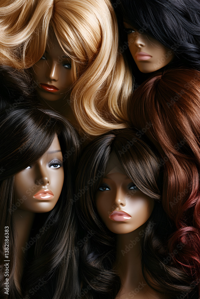 Elegant Display of Stylish Wigs in a Chic Setting Elegant Display of Stylish Wigs in a Chic Setting