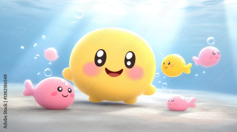Happy yellow character underwater with pink fish friends Happy yellow character underwater with pink fish friends