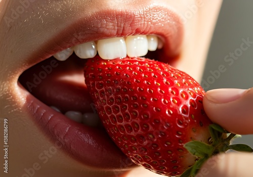 A luscious ripe strawberry being savored, a moment of pure indulgence with vibrant red and close-up detail.