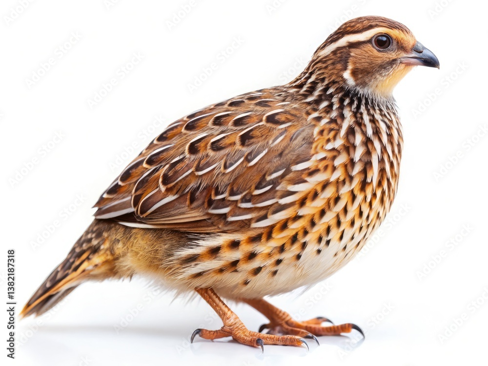 Fototapeta premium Pristine white backdrop showcases a single, raw quailâ€”high-resolution food photography stock image ideal for menus or recipes.