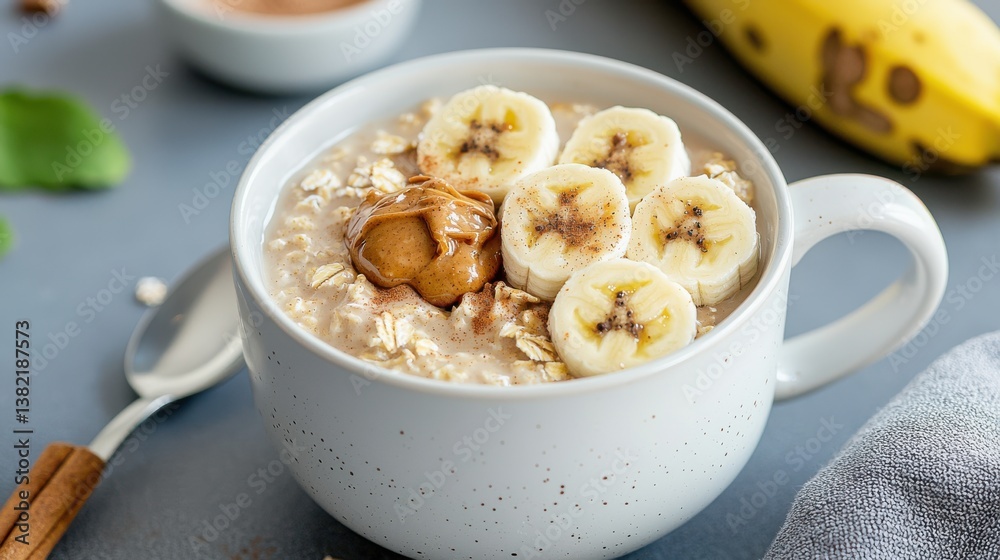 Delicious Bowl of Oats Topped with Bananas and Cinnamon for Breakfast Delicious Bowl of Oats Topped with Bananas and Cinnamon for Breakfast