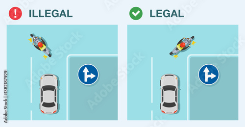 Safe driving tips and traffic regulation rules. Legal and illegal turn. Go straight or turn right european sign. Top view of a motorcycle at intersection. Flat vector illustration template.