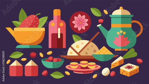 A showcase of the diverse ingredients and techniques used in Middle Eastern desserts from rose water to phyllo dough.. Vector illustration